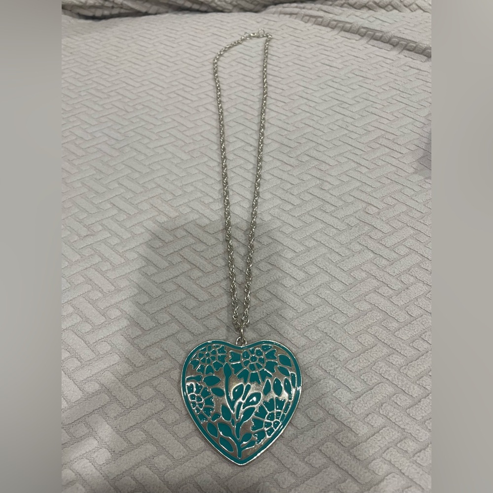 Teal Heart Pendant Necklace on Long Chain